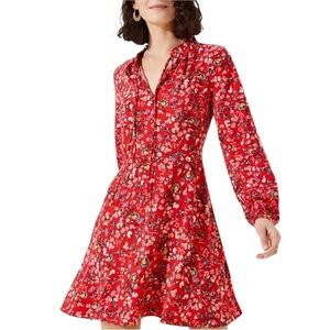 Loft Primrose Tie Neck Floral Red Flare Long Sleeve Dress Size 10